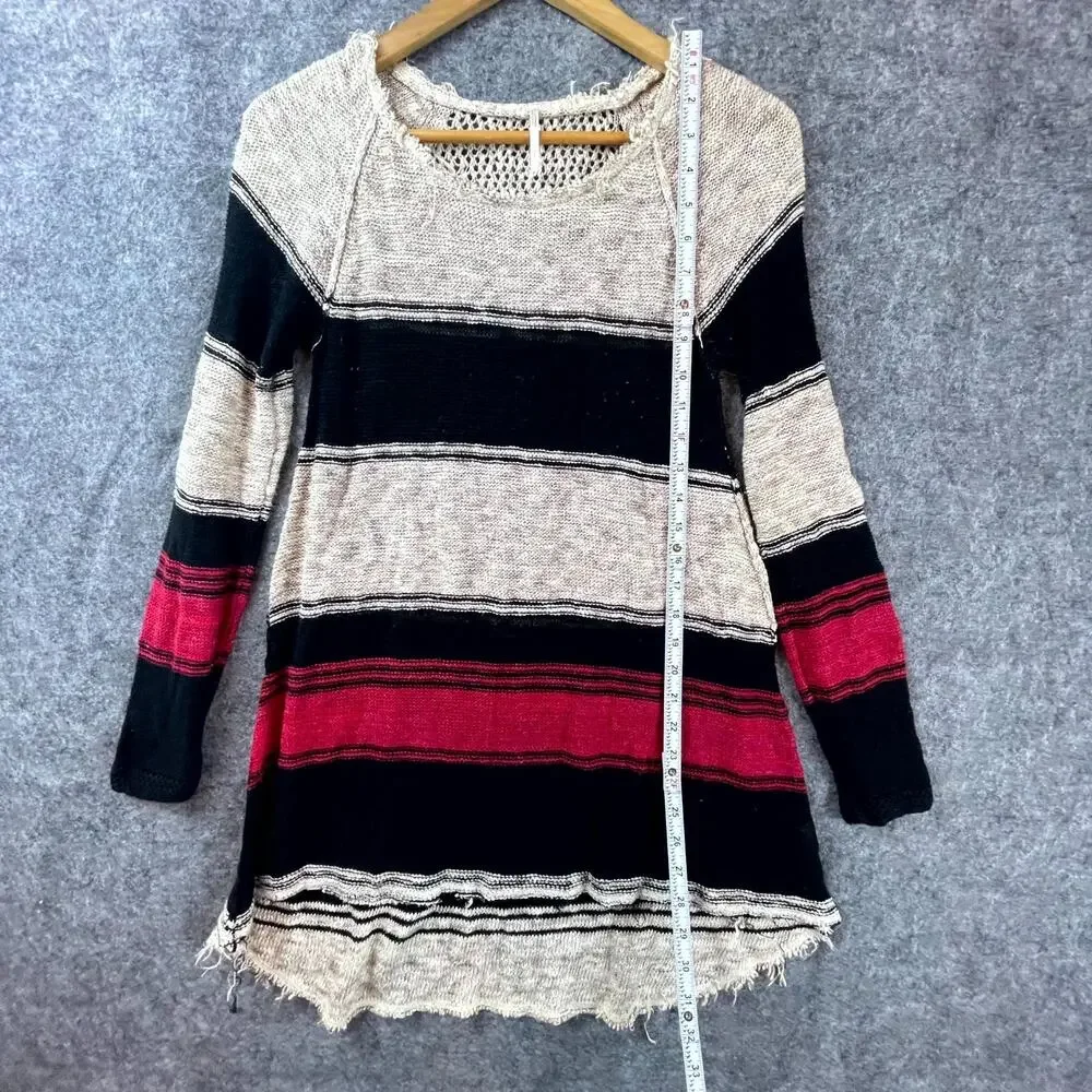 Free People Long Tunic‎ Sweater Womens Small Striped High Low Hem Fray Open Knit